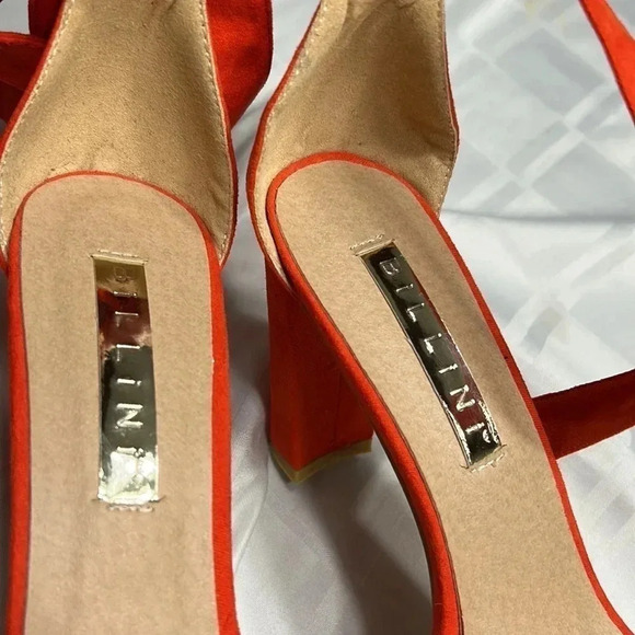 BILLINI Red high ,chunky heel suede shoes with bow  & ankle wrap adjustable ties - Picture 7 of 14